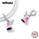 925 Silver Pink Dress Princess Charm Pendant for Women