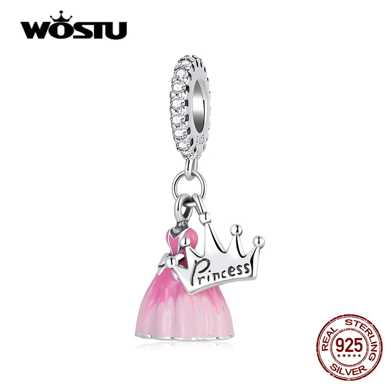 925 Silver Pink Dress Princess Charm Pendant for Women