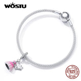 925 Silver Pink Dress Princess Charm Pendant for Women