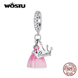 925 Silver Pink Dress Princess Charm Pendant for Women