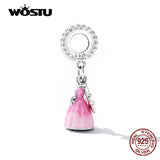925 Silver Pink Dress Princess Charm Pendant for Women