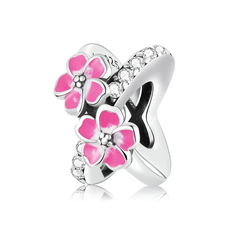 925 Silver Pink Flower Butterfly Charm Bead Pendant for Women