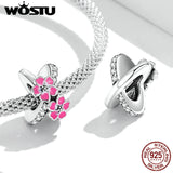925 Silver Pink Flower Butterfly Charm Bead Pendant for Women