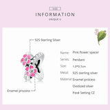 925 Silver Pink Flower Butterfly Charm Bead Pendant for Women