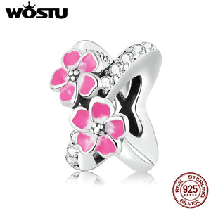 925 Silver Pink Flower Butterfly Charm Bead Pendant for Women