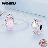 925 Silver Pink Glass Cat Bead Charms Fit Bracelet & Necklace Women Gift