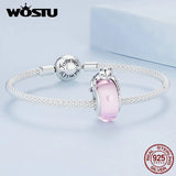 925 Silver Pink Glass Cat Bead Charms Fit Bracelet & Necklace Women Gift