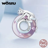 925 Silver Pink Glass Cat Bead Charms Fit Bracelet & Necklace Women Gift