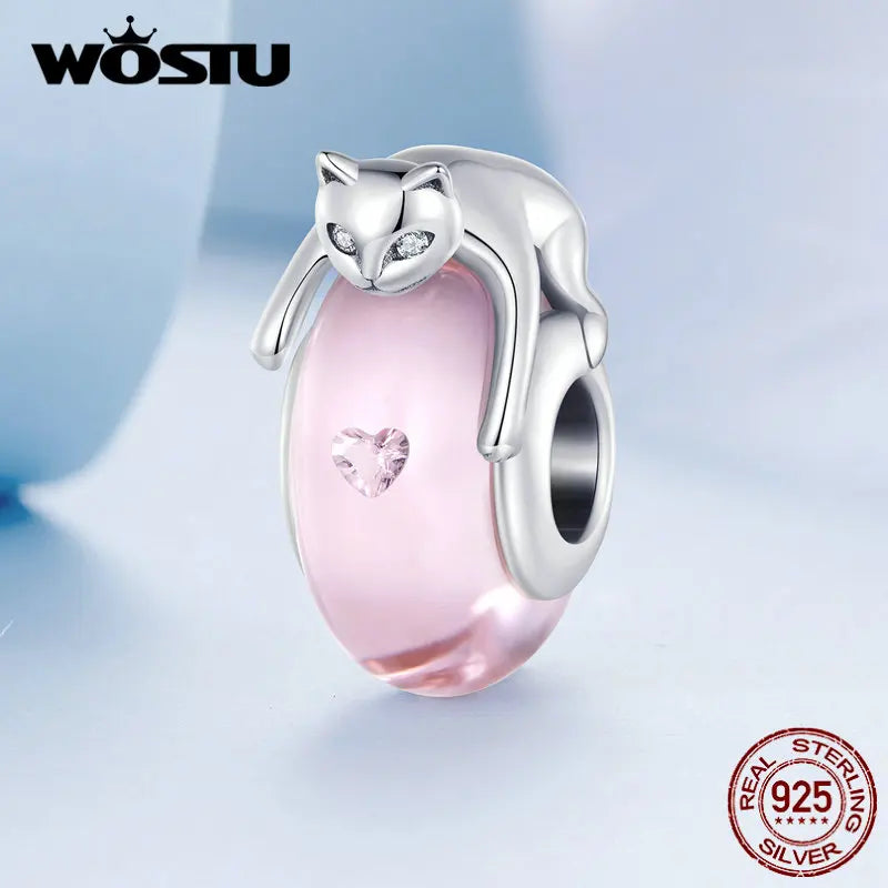 925 Silver Pink Glass Cat Bead Charms Fit Bracelet & Necklace Women Gift