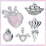 925 Sterling Silver Pink Love Heart Charms Pendants Princess Crown Beads