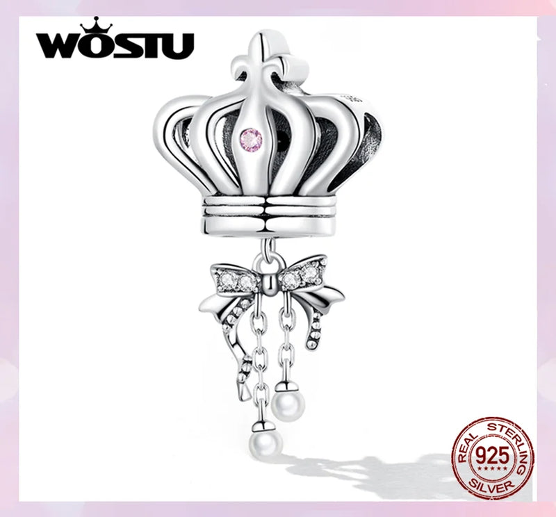 925 Sterling Silver Pink Love Heart Charms Pendants Princess Crown Beads