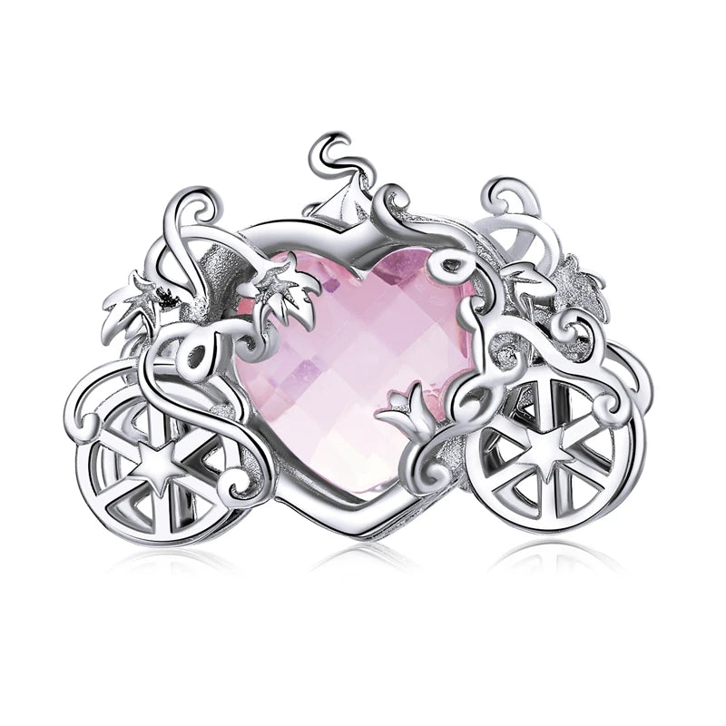 925 Silver Pink Princess Crystal Shoes Charms Beads Fit Bracelet