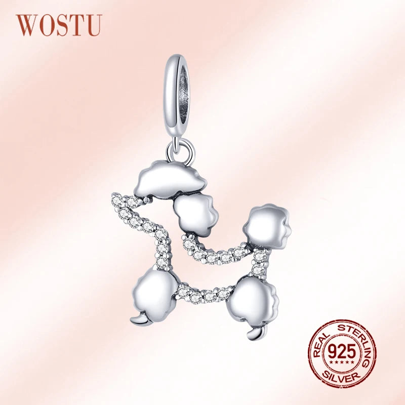 925 Silver Poodle Pet Dog Bead Zircon Charm Fit Bracelet Necklace