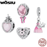925 Silver Princess Dress Beads Romantic Pink Heart Butterfly Charms