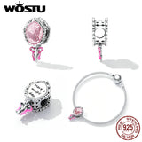925 Silver Princess Dress Beads Romantic Pink Heart Butterfly Charms