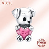 925 Silver Puppy Dog Bead Pink Enamel Charm Fit Bracelet & Necklace