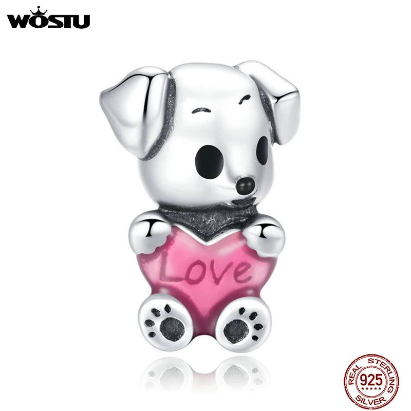 925 Silver Puppy Dog Bead Pink Enamel Charm Fit Bracelet & Necklace