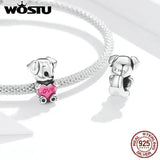 925 Silver Puppy Dog Bead Pink Enamel Charm Fit Bracelet & Necklace
