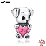 925 Silver Puppy Dog Bead Pink Enamel Charm Fit Bracelet & Necklace
