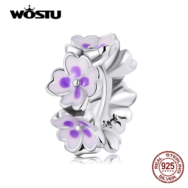 925 Sterling Silver Purple Flower Spacer Charm Bead Pendant