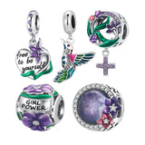 925 Silver Violets Cross Heart Charms Pendant for Bracelet Necklace