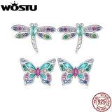 925 Silver Rainbow CZ Dragonfly Stud Earrings Insect Ear Studs Party Gift