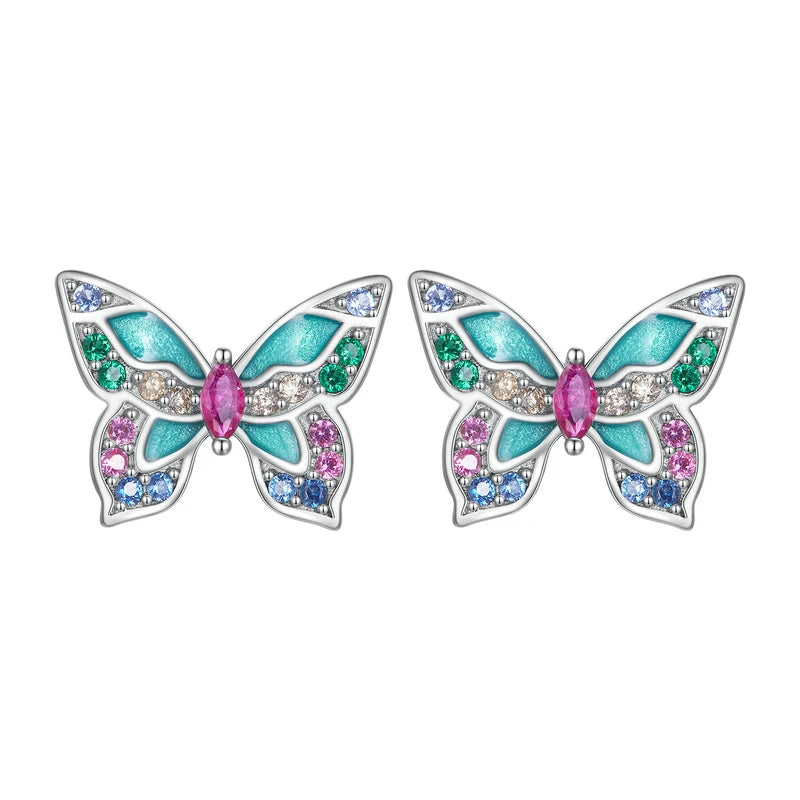 925 Silver Rainbow CZ Dragonfly Stud Earrings Insect Ear Studs Party Gift