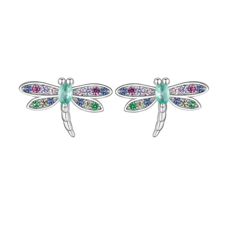 925 Silver Rainbow CZ Dragonfly Butterfly Stud Earrings Girls Birthday Gift