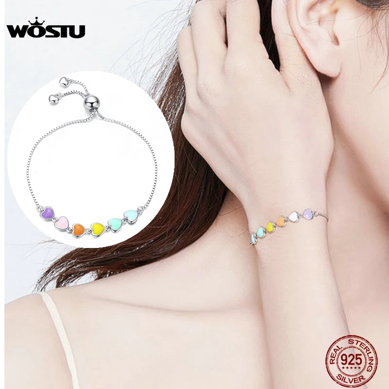 925 Silver Rainbow Heart Bracelet Chain For Women CQB158