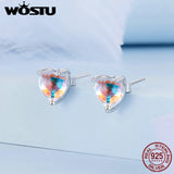 925 Silver Rainbow Heart Stud Earrings Colorful CZ Ear Studs Wedding Gift