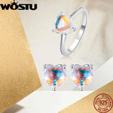 925 Silver Rainbow Heart Stud Earrings Colorful CZ Ear Studs Wedding Gift