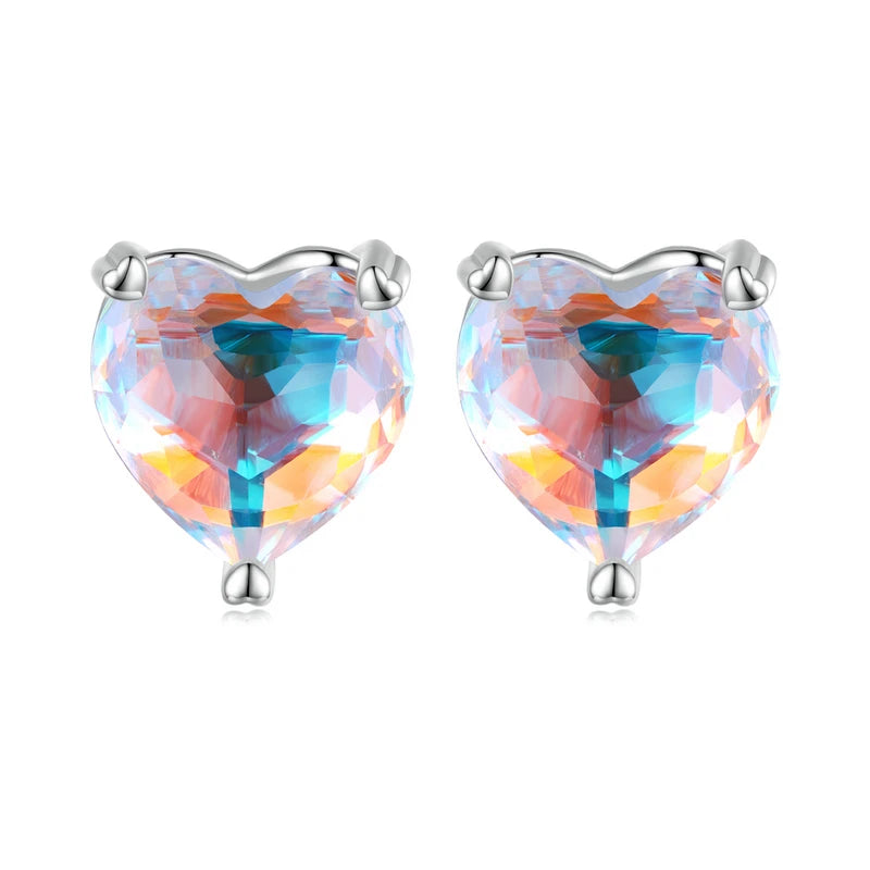 925 Silver Rainbow Heart Stud Earrings Colorful CZ Ear Studs Wedding Gift
