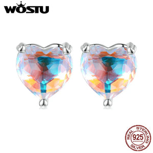 925 Silver Rainbow Heart Stud Earrings Colorful CZ Ear Studs Wedding Gift