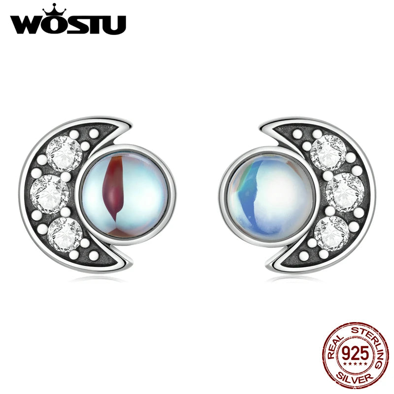 925 Silver Moonstone Moon & Star Earrings Zircon Studs Gift