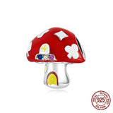 925 Silver Red Mushroom Poker Charms Beads DIY Bracelet Bangle