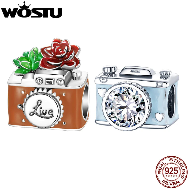 925 Silver Red Flower Beads Vintage Camera Travel Charms for Bracelet
