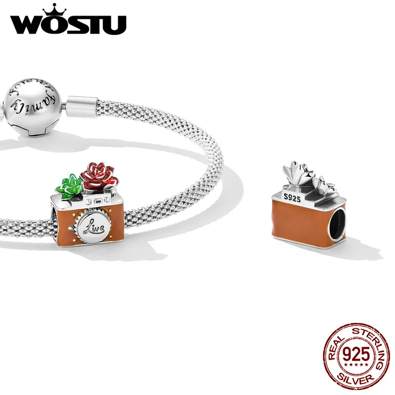 925 Silver Red Flower Beads Vintage Camera Travel Charms for Bracelet