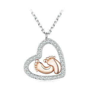 925 Silver Rose Footprint Heart Necklace for Mom