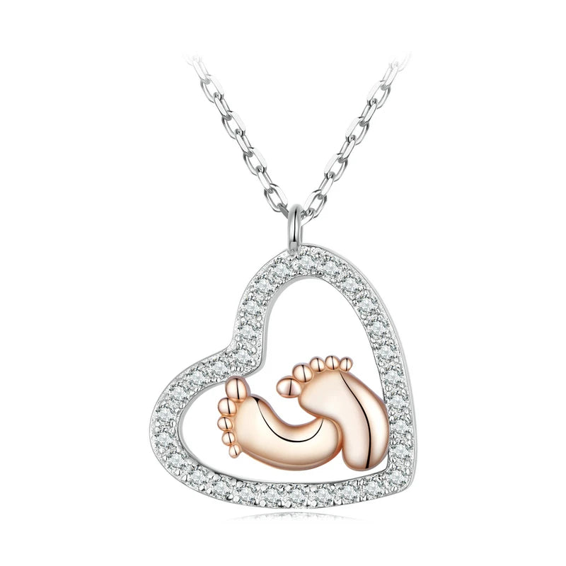 925 Silver Rose Footprint Heart Necklace for Mom