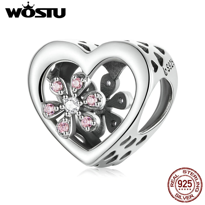 925 Sterling Silver Sakura Love Zircon Charms Bead Pendant Bracelet Necklace