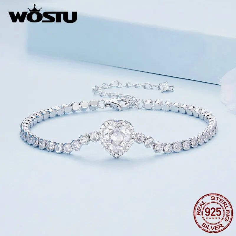 925 Silver Zircon Bracelet Bangle Heart Stone Jewelry