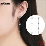925 Silver Star Long Earrings CZ Dangle Earrings Women Silver 925 Jewelry