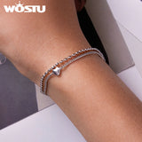 925 Silver Double Layer Heart Bracelet Adjustable Chain Fine Jewelry