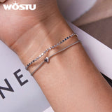 925 Silver Double Layer Heart Bracelet Adjustable Chain Fine Jewelry