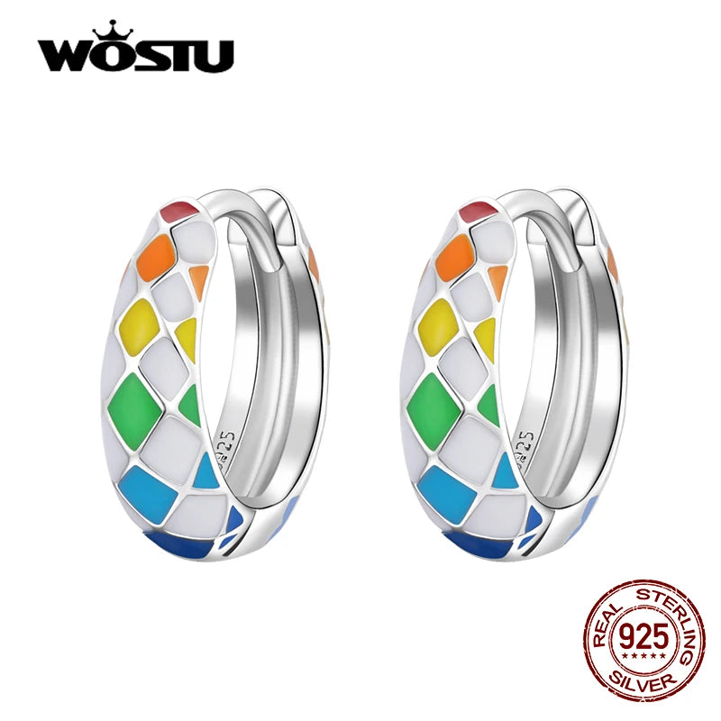 925 Silver Rainbow Chequered Stud Earrings Women Party Jewelry CQE1351