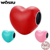 925 Silver Red Pink Love Heart Charm Beads for Bracelet DIY Jewelry
