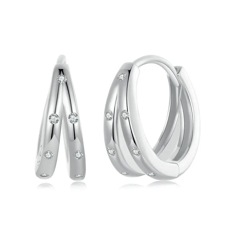 925 Silver Zircon Double Layer Circle Hoop Earrings
