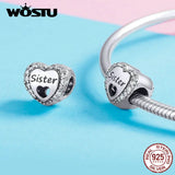925 Silver Sister's Love Heart Bead Clear CZ Bangle Charm DIY Bracelet