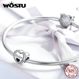 925 Silver Sister's Love Heart Bead Clear CZ Bangle Charm DIY Bracelet
