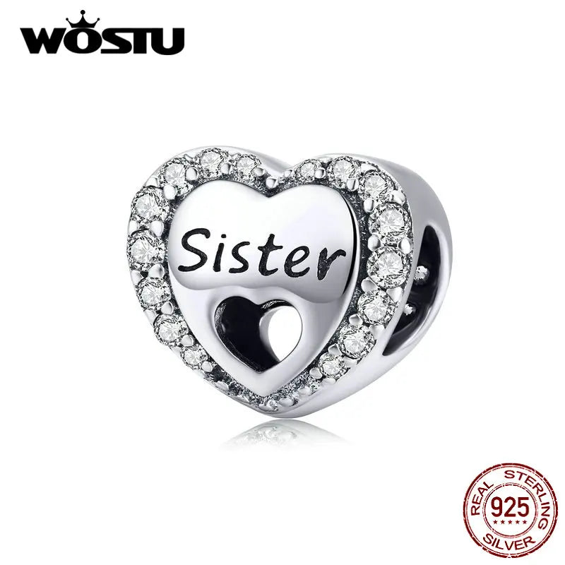 925 Silver Sister's Love Heart Bead Clear CZ Bangle Charm DIY Bracelet